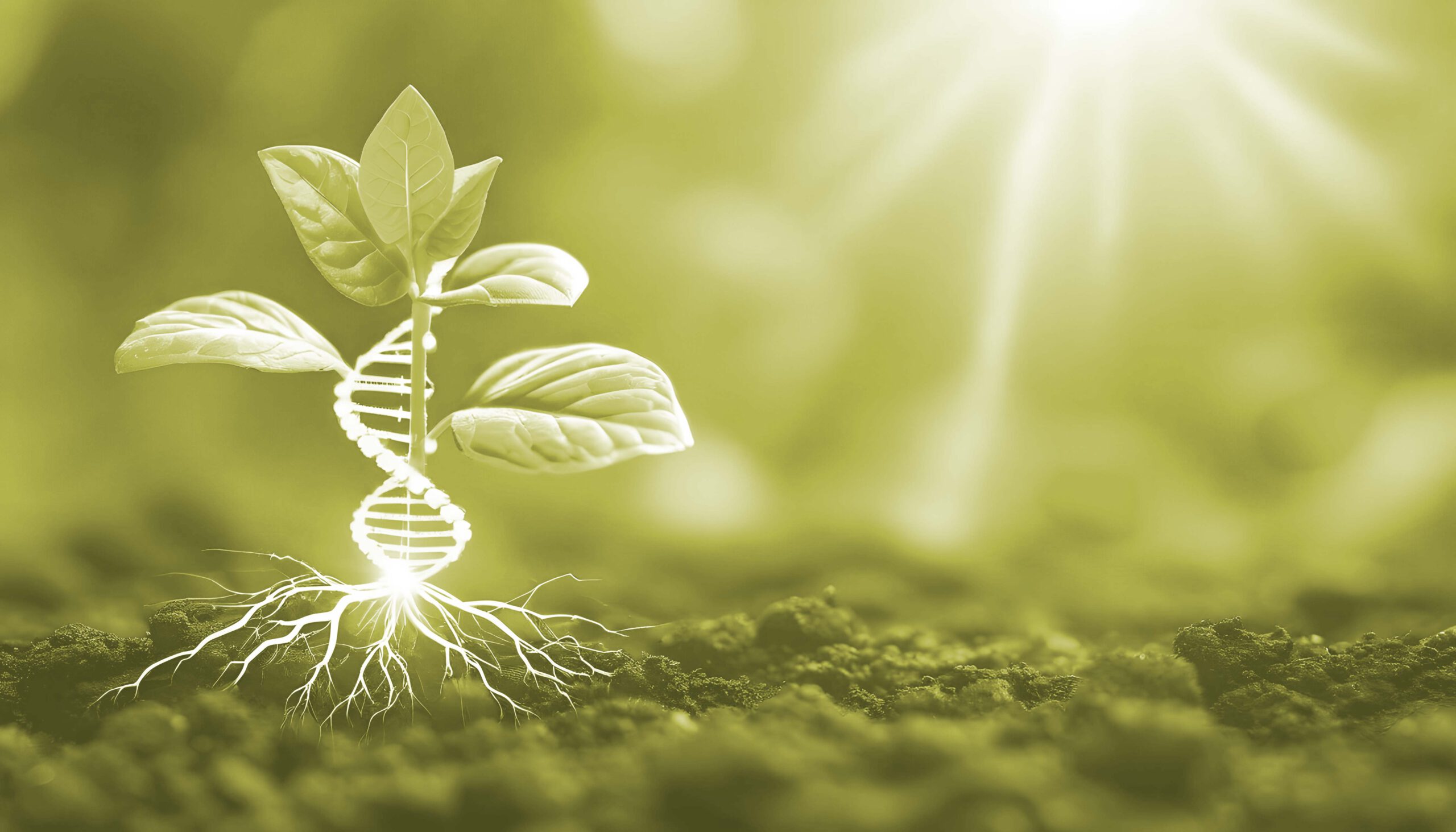 CVM_DNA_Wachstum Eine kleine Pflanze wächst aus dem Boden. Die Wurzeln leuchten hell. Aus den Wurzeln windet sich rund um den Stiel symbolisch ein DNA-Strang.