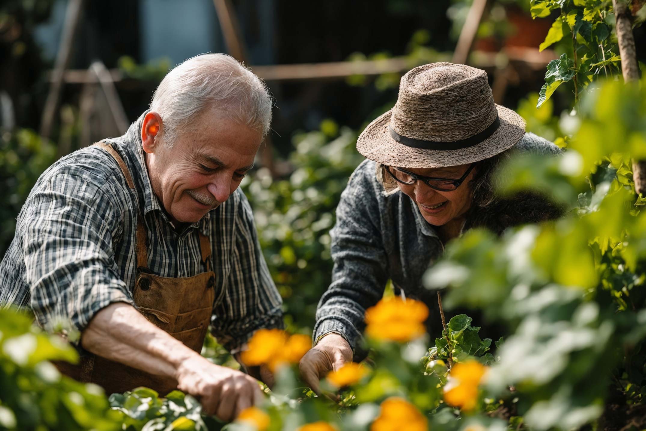 Altersvorsorge_CVM Zwei Senioren lächeln beim Gärtnern in einem Beet mit vielen grünen Pflanzen.