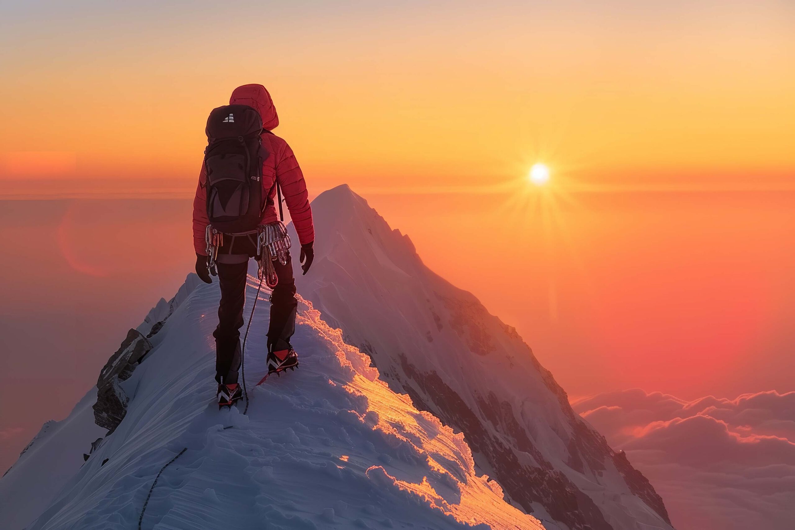 CVM_Berg_erklimmen_NEU Ein Bergsteiger steht einem verschneiten Gebirgskamm und blickt in Richtung eines Gipfel und in Richtung Sonne, die an einem rötlich-orangefarbenen Himmel leuchtet.