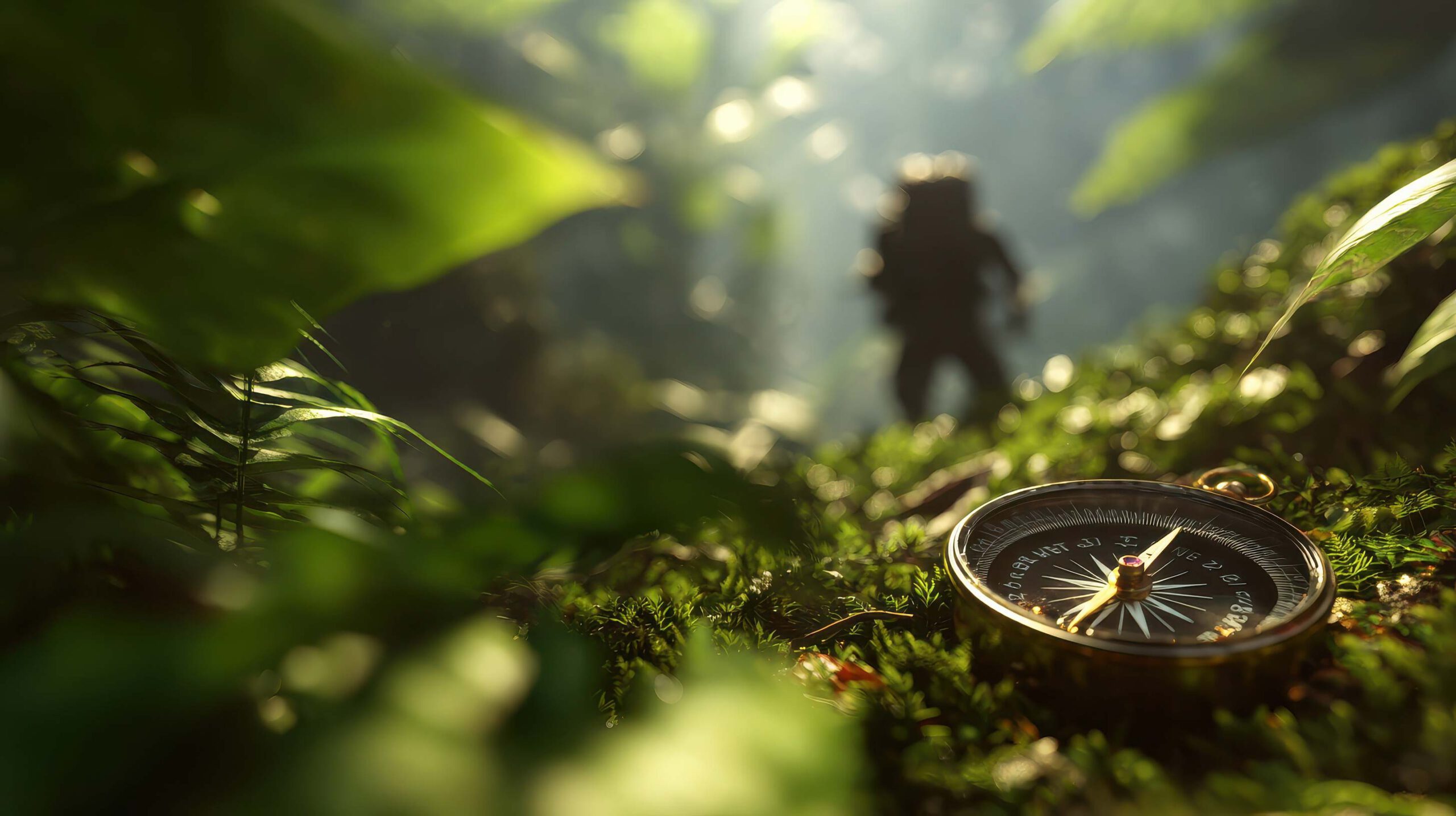Kompass_Natur_Dschungel_CVM Ein Kompass liegt in einem Wald auf Moos. Im Hintergrund ist verschwommen ein Mensch zu erkennen.