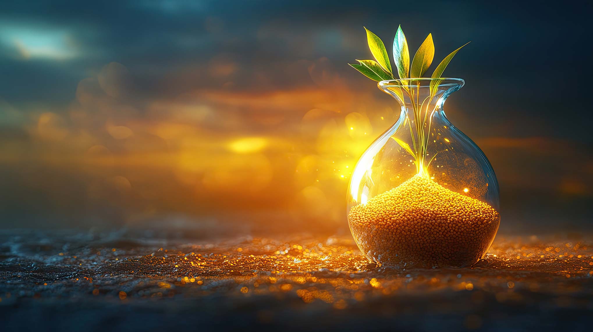 Ein bauchiges Glas, das mit kleinen Körnchen gefüllt ist, aus deren Mitte Blätter wachsen. Im Hintergrund leuchtet ein goldgelbes Licht.