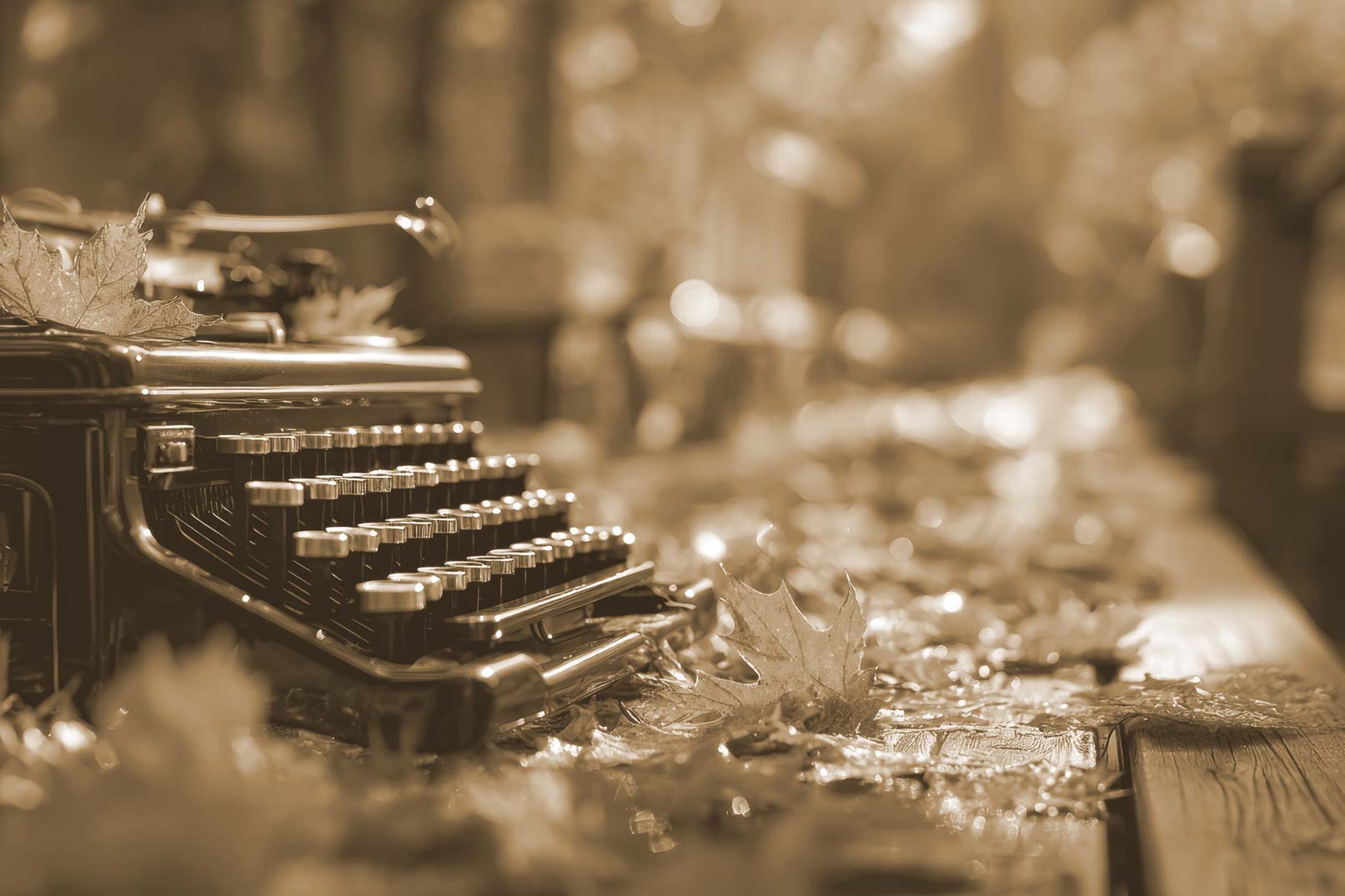 Schreibmaschine_CVM_Start Eine historische schwarze Schreibmaschine mit silberner Tastatur steht auf einem Holztisch, der mit Herbstlaub bedeckt ist.