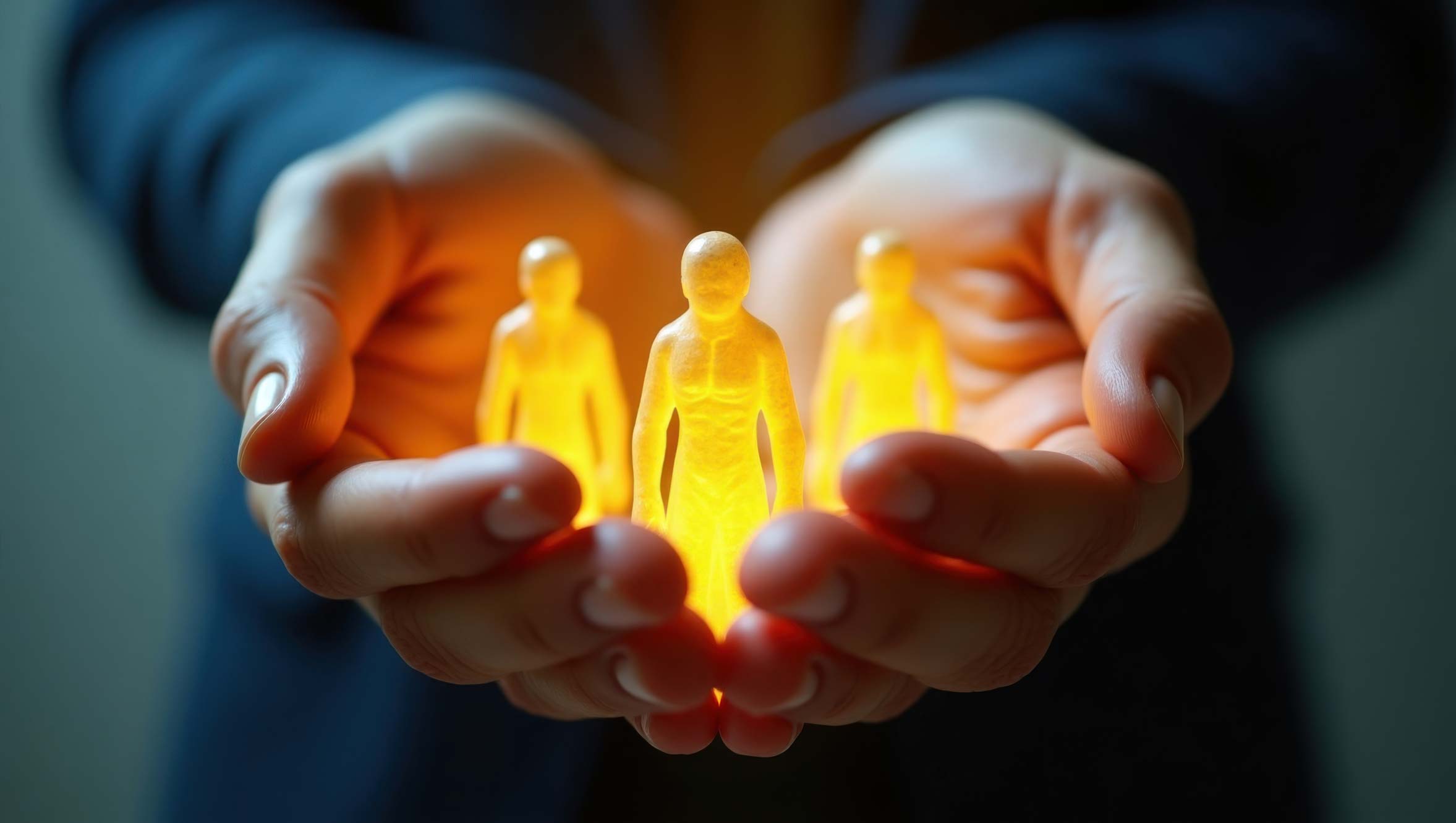 Schutz_CVM Zwei Hände halten drei kleine menschenähnliche Figuren, die goldgelb leuchten.