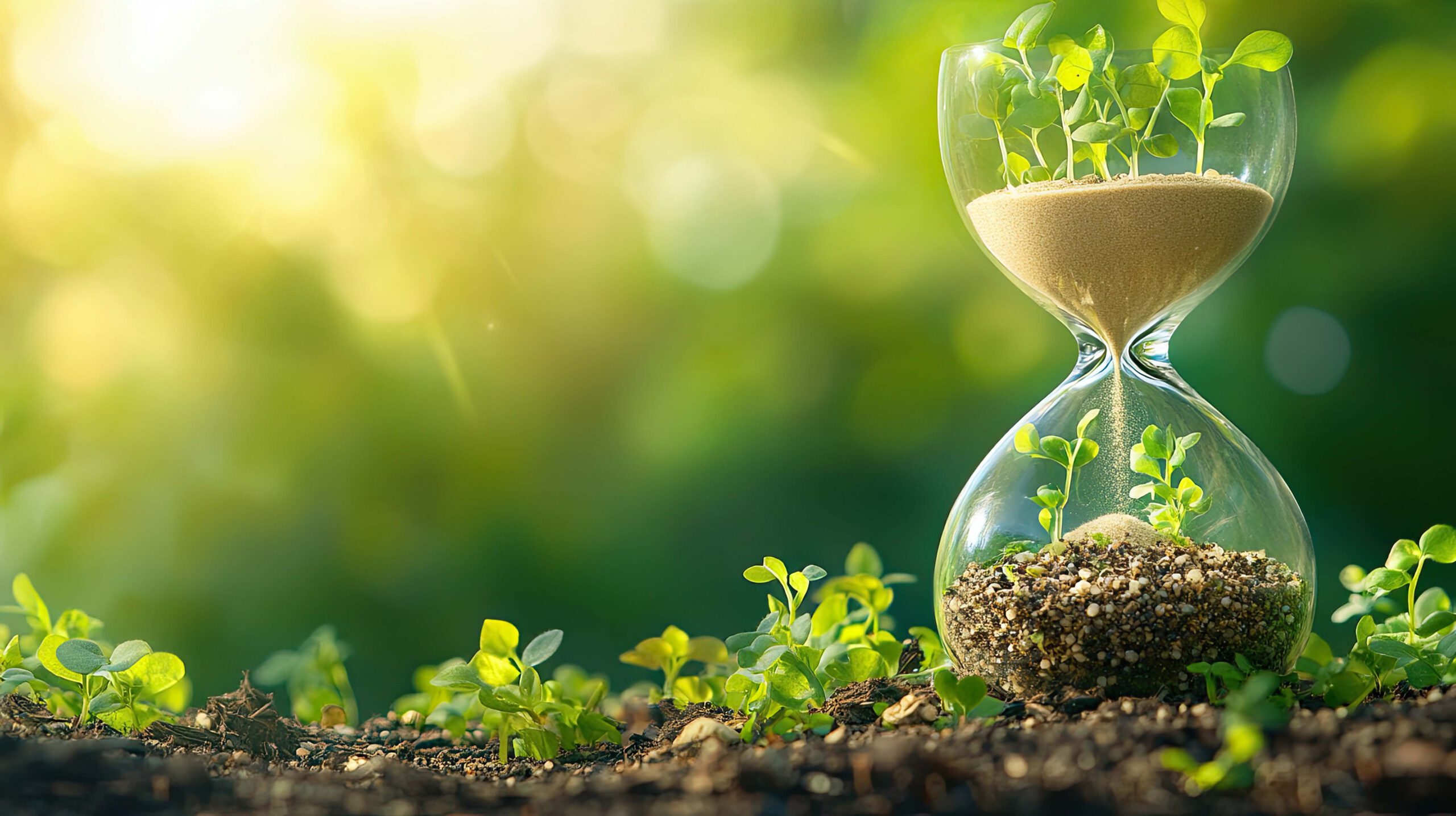 Ursprung_CVM_gesund_wachsen Auf einem Beet mit Erde und jungen Pflanzen steht eine Sanduhr. In der Sanduhr befinden sich Erde, Sand und winzig Pflänzchen.