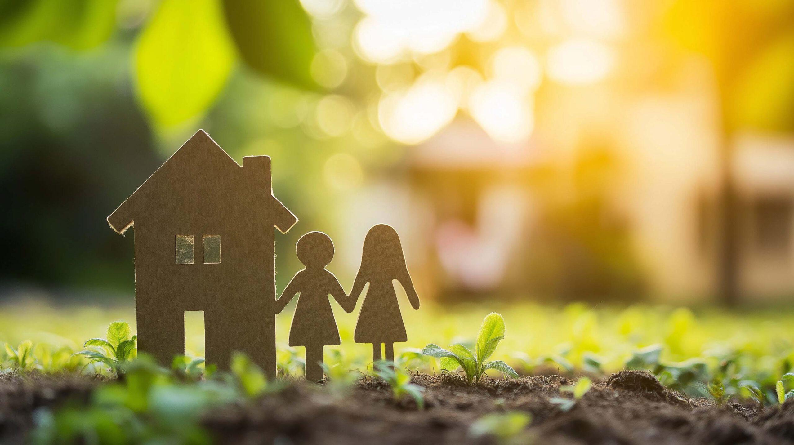 Auf einem Beet steht zwischen jungen Pflanzen ein kleines Häuschen und daneben zwei Figuren, die die an den Händen festhalten.